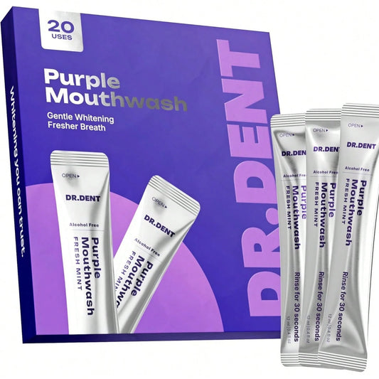DR.DENT Purple Color Correcting Mouthwash 20PCS, Whitening Oral Rinse Pods With Fresh Mint Flavor, Alcohol-Free Formula For Fresh Breath Care, Vegan Teeth Brightening Daily Oral Care