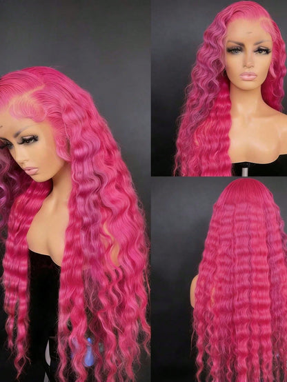 Dragon Fruit Colored High Quality Deep Wave Glueless Wigs Human Hair With Baby Hair 13x4 HD Transparent Lace Front Wigs Human Hair Free Parting 200 Density Fluorescent Powder Deep Curly Lace Frontal W