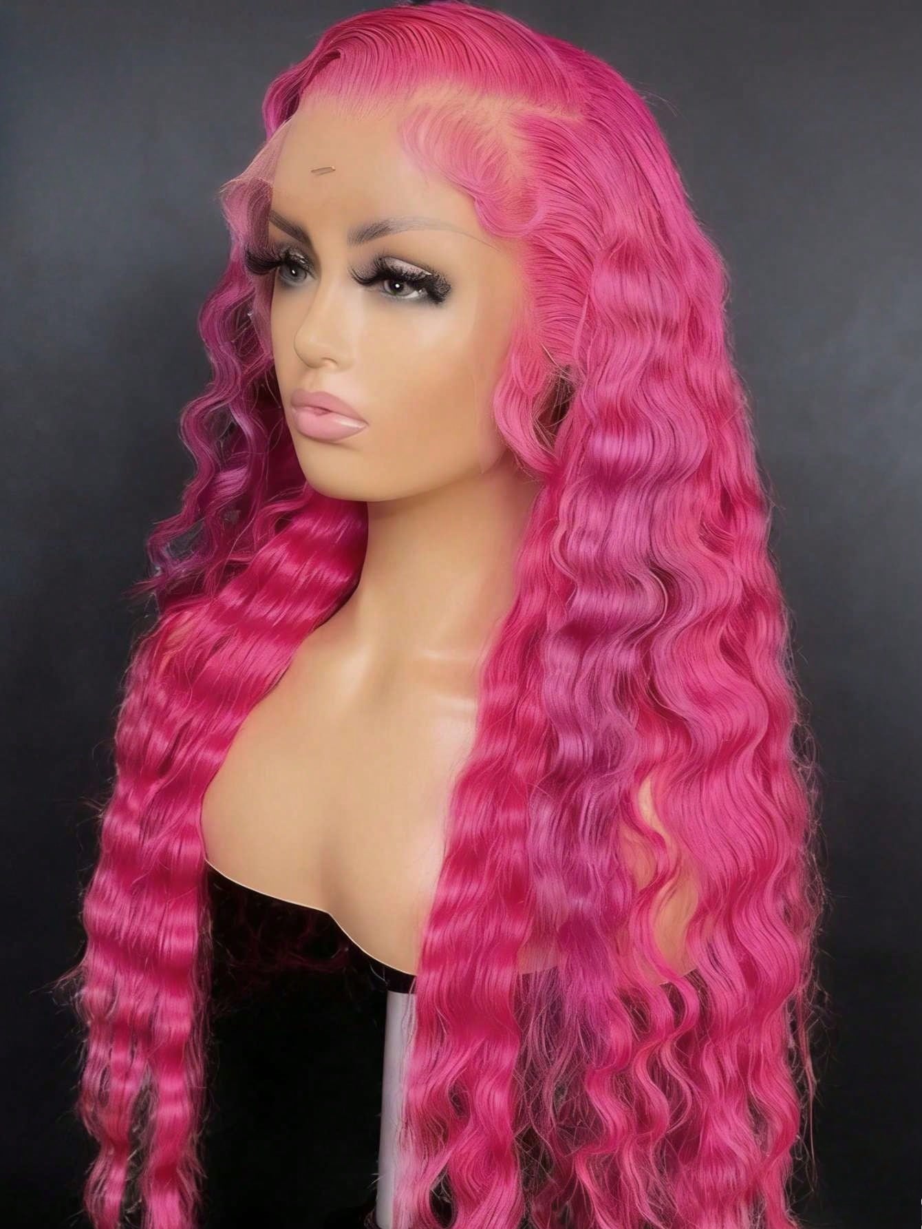 Dragon Fruit Colored High Quality Deep Wave Glueless Wigs Human Hair With Baby Hair 13x4 HD Transparent Lace Front Wigs Human Hair Free Parting 200 Density Fluorescent Powder Deep Curly Lace Frontal W
