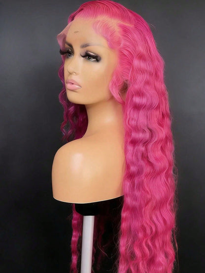 Dragon Fruit Colored High Quality Deep Wave Glueless Wigs Human Hair With Baby Hair 13x4 HD Transparent Lace Front Wigs Human Hair Free Parting 200 Density Fluorescent Powder Deep Curly Lace Frontal W
