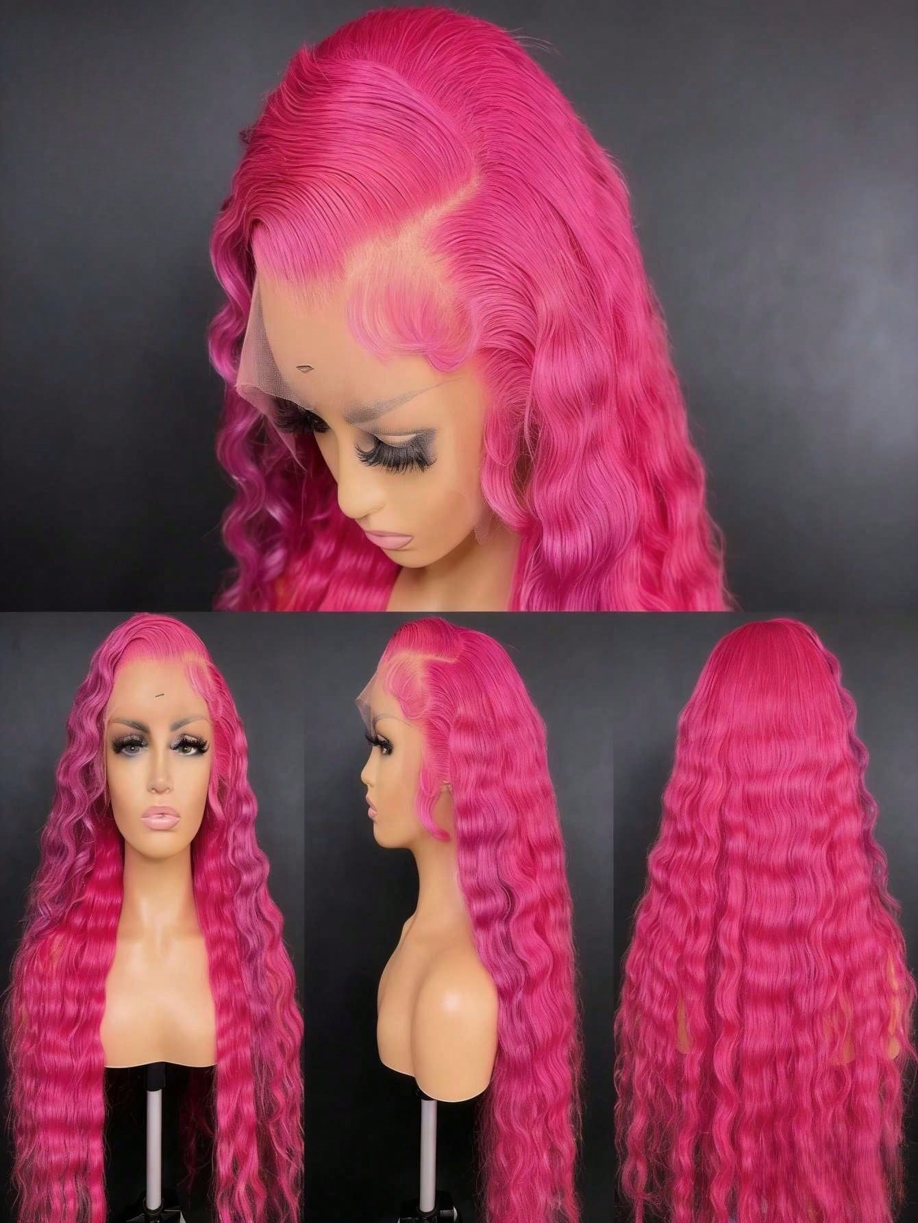 Dragon Fruit Colored High Quality Deep Wave Glueless Wigs Human Hair With Baby Hair 13x4 HD Transparent Lace Front Wigs Human Hair Free Parting 200 Density Fluorescent Powder Deep Curly Lace Frontal W