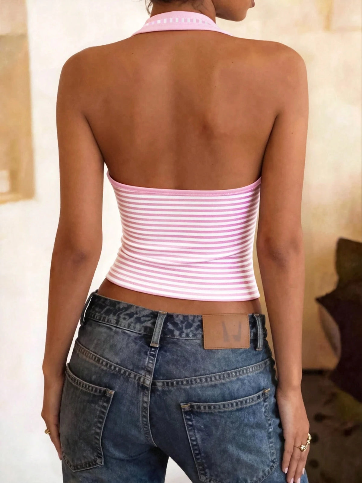 DrmWander Women's Striped Print Fitted Backless Halter Neck Tank Top, Summer
