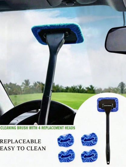 Durable Long Handle Car Windshield Cleaner- Easily Protect And Polish Glass, Includes 4 Replacement Cloths