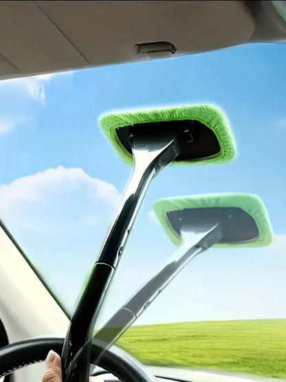 Durable Long Handle Car Windshield Cleaner- Easily Protect And Polish Glass, Includes 4 Replacement Cloths