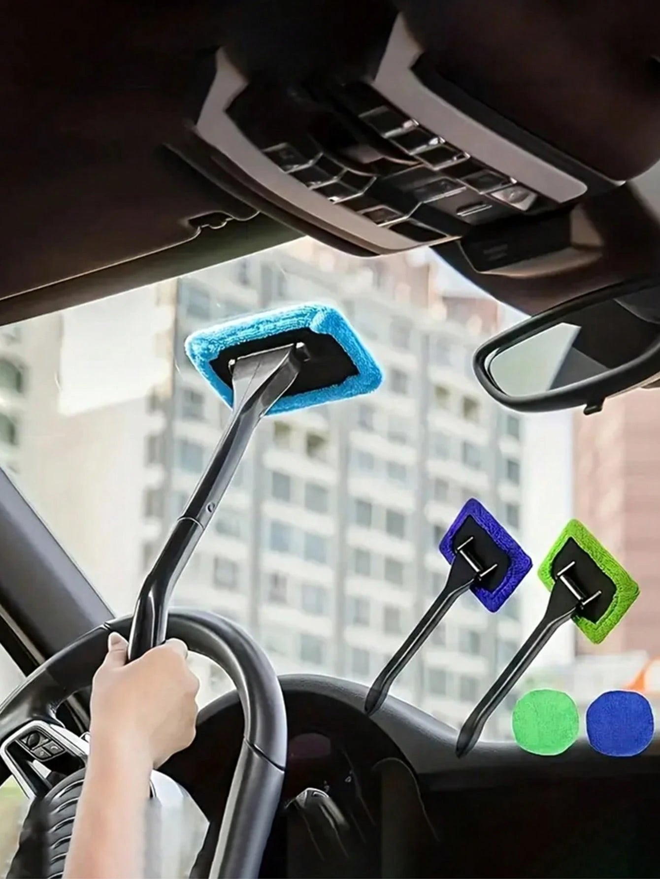 Durable Long Handle Car Windshield Cleaner- Easily Protect And Polish Glass, Includes 4 Replacement Cloths