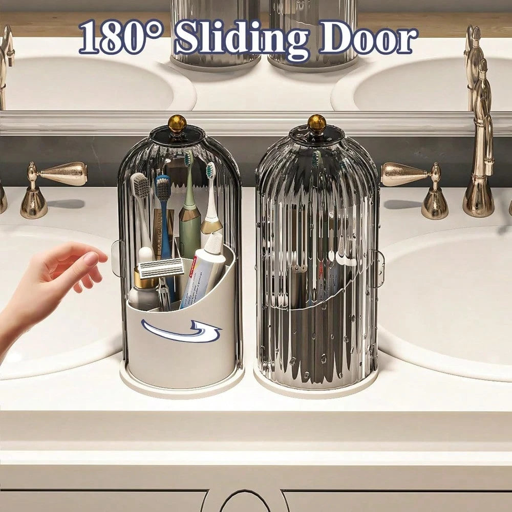 Dustproof Toothbrush Holders With Cover, Rotating Electric Toothbrush And Toothpaste Holder For Bathroom Countertop, 3 Slots Makeup Brushes Organizer