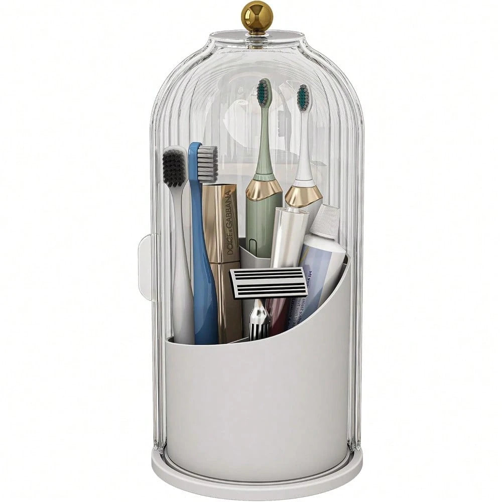 Dustproof Toothbrush Holders With Cover, Rotating Electric Toothbrush And Toothpaste Holder For Bathroom Countertop, 3 Slots Makeup Brushes Organizer