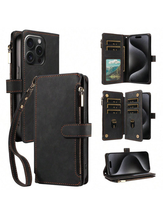 eaacaa Leather Wallet Card Holder Flip Phone Case 1pc Vintage Flip Wallet Phone Case With Multiple Card Slots, Wrist Strap, Shockproof And Anti-Theft Protection Compatible With Iphone 17 Pro Max/17 Pr