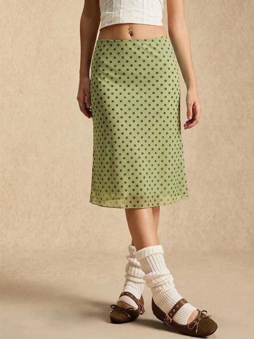 Easelle Green Polka Dot Mesh Skirt, Green Mesh, Retro Casual Style, Spring/Summer 2026