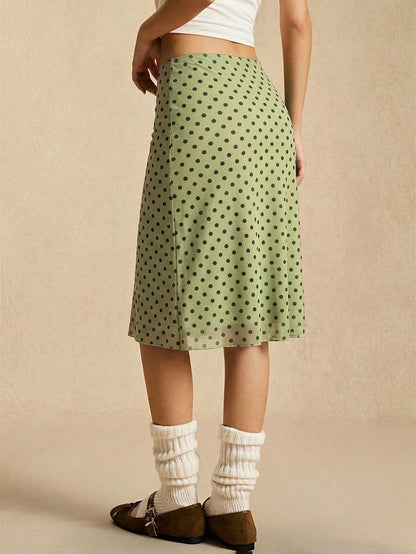 Easelle Green Polka Dot Mesh Skirt, Green Mesh, Retro Casual Style, Spring/Summer 2026