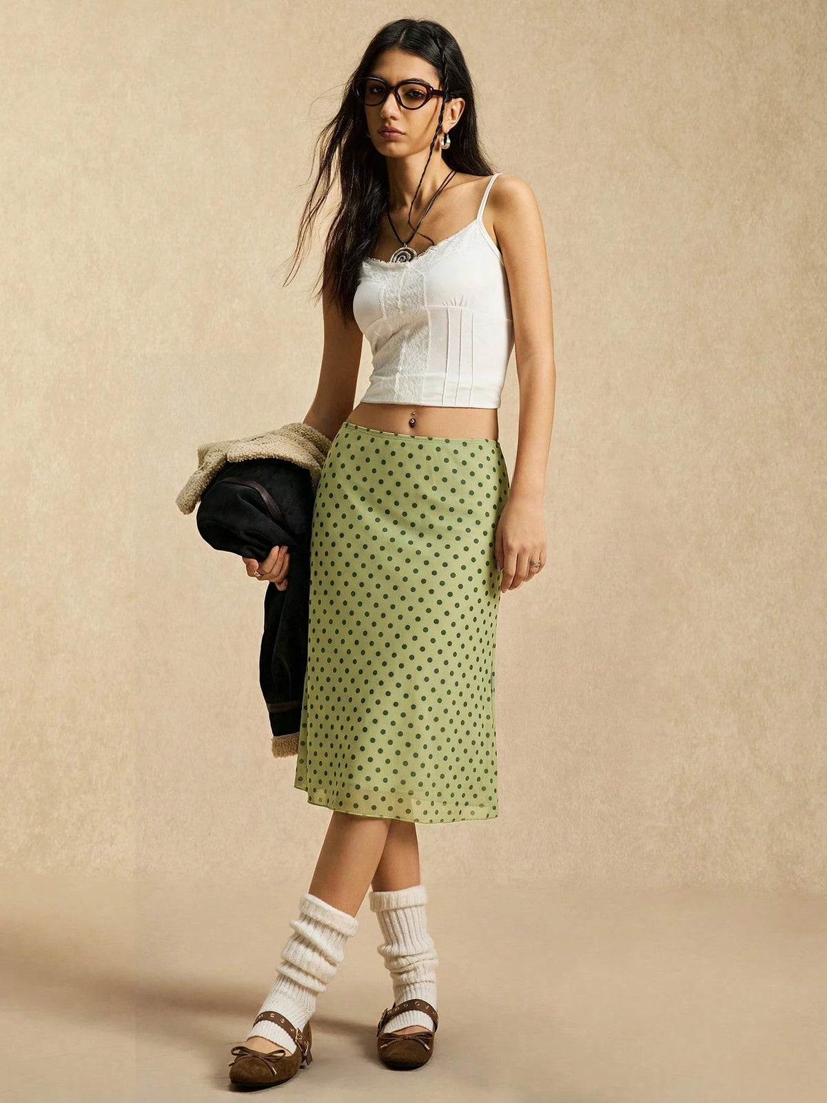 Easelle Green Polka Dot Mesh Skirt, Green Mesh, Retro Casual Style, Spring/Summer 2026