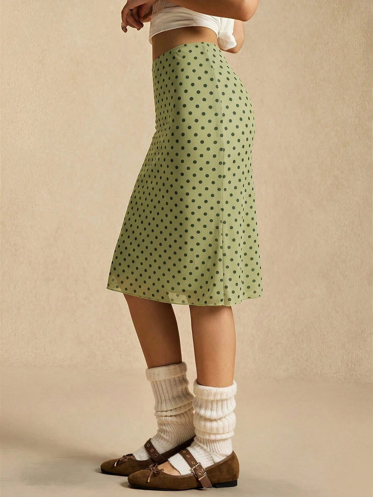 Easelle Green Polka Dot Mesh Skirt, Green Mesh, Retro Casual Style, Spring/Summer 2026