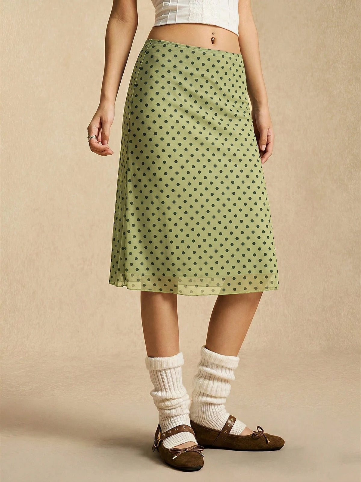 Easelle Green Polka Dot Mesh Skirt, Green Mesh, Retro Casual Style, Spring/Summer 2026