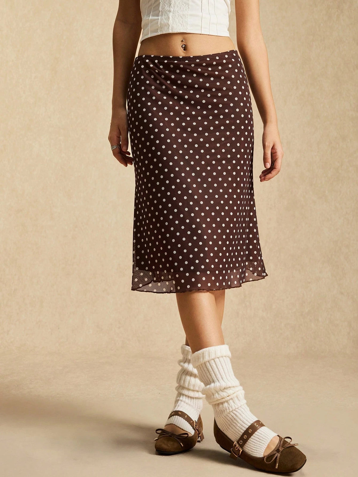 Easelle Green Polka Dot Mesh Skirt, Green Mesh, Retro Casual Style, Spring/Summer 2026