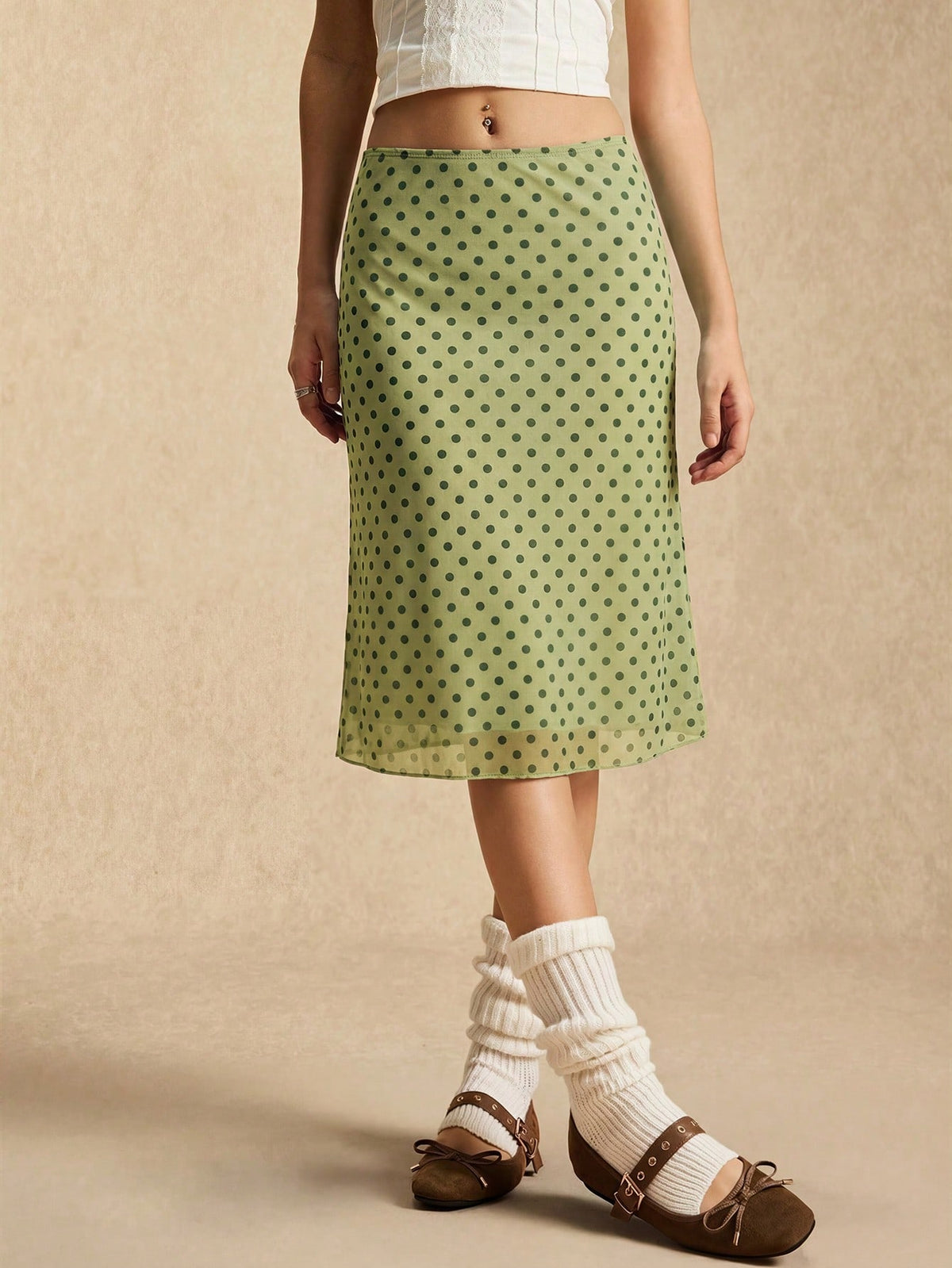 Easelle Green Polka Dot Mesh Skirt, Green Mesh, Retro Casual Style, Spring/Summer 2026