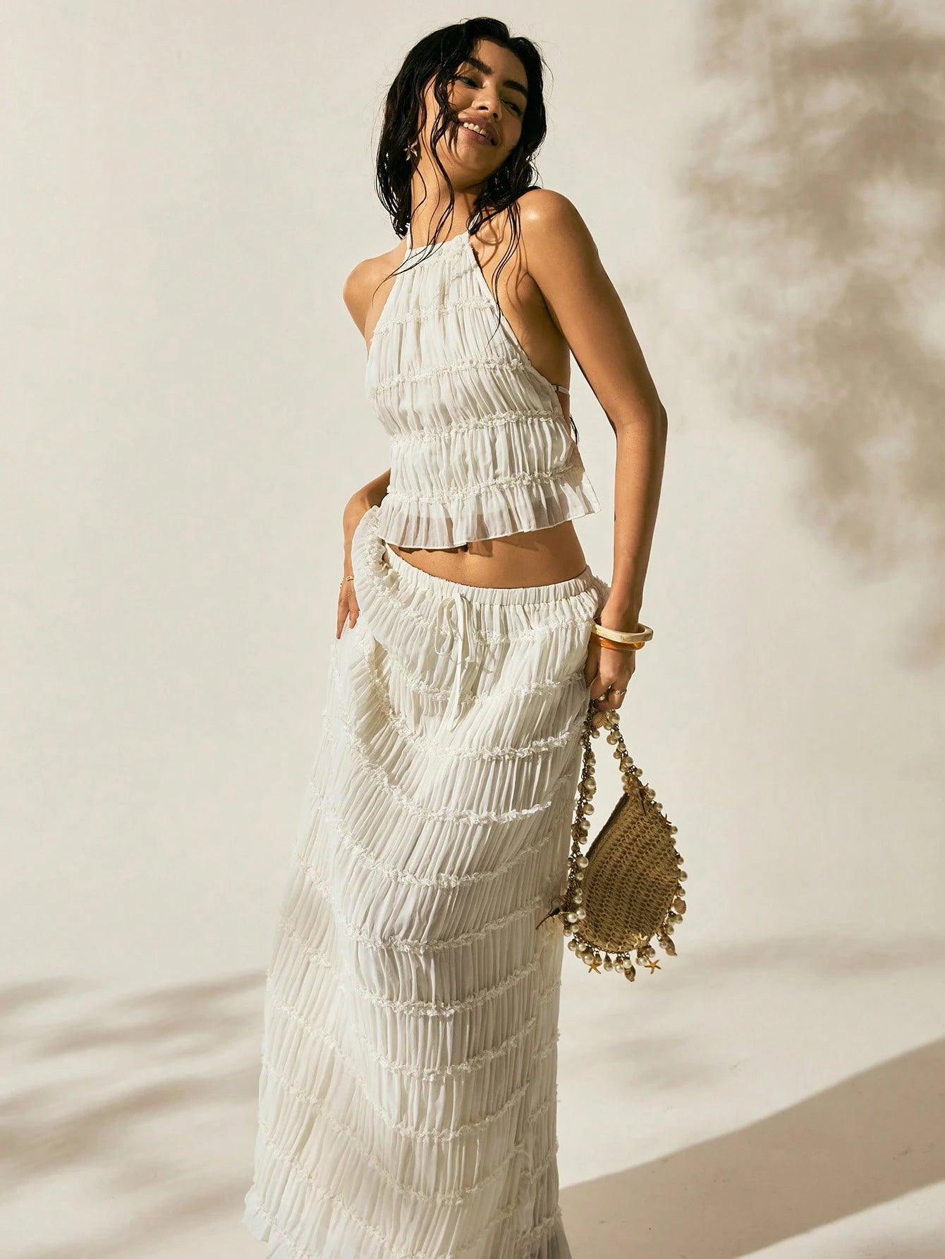 Easelle New Arrival Summer Women's Bohemian Style Sexy Breezy Tropical Vacation Outfit Two Pieces Outfits For Daily Wear Expose The Waist Beach Off-White