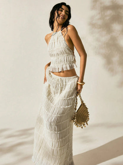 Easelle New Arrival Summer Women's Bohemian Style Sexy Breezy Tropical Vacation Outfit Two Pieces Outfits For Daily Wear Expose The Waist Beach Off-White