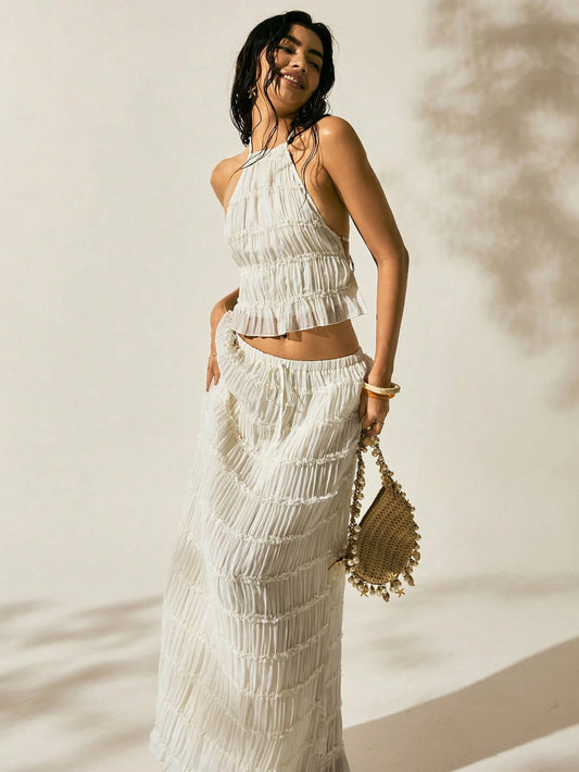 Easelle New Arrival Summer Women's Bohemian Style Sexy Breezy Tropical Vacation Outfit Two Pieces Outfits For Daily Wear Expose The Waist Beach Off-White