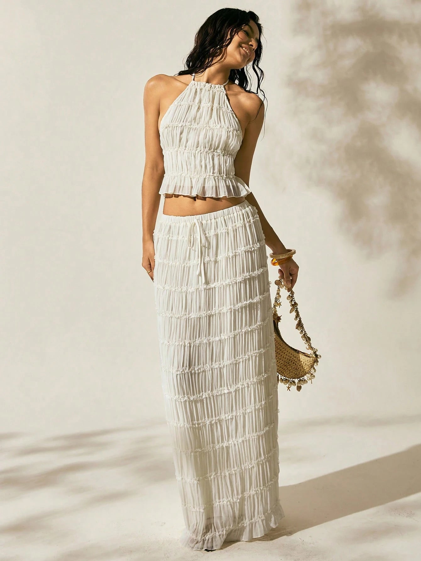 Easelle New Arrival Summer Women's Bohemian Style Sexy Breezy Tropical Vacation Outfit Two Pieces Outfits For Daily Wear Expose The Waist Beach Off-White