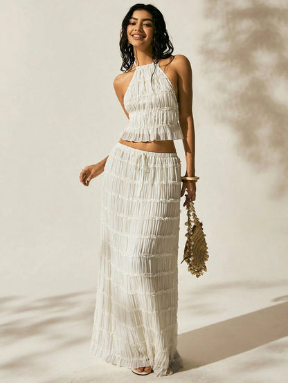 Easelle New Arrival Summer Women's Bohemian Style Sexy Breezy Tropical Vacation Outfit Two Pieces Outfits For Daily Wear Expose The Waist Beach Off-White