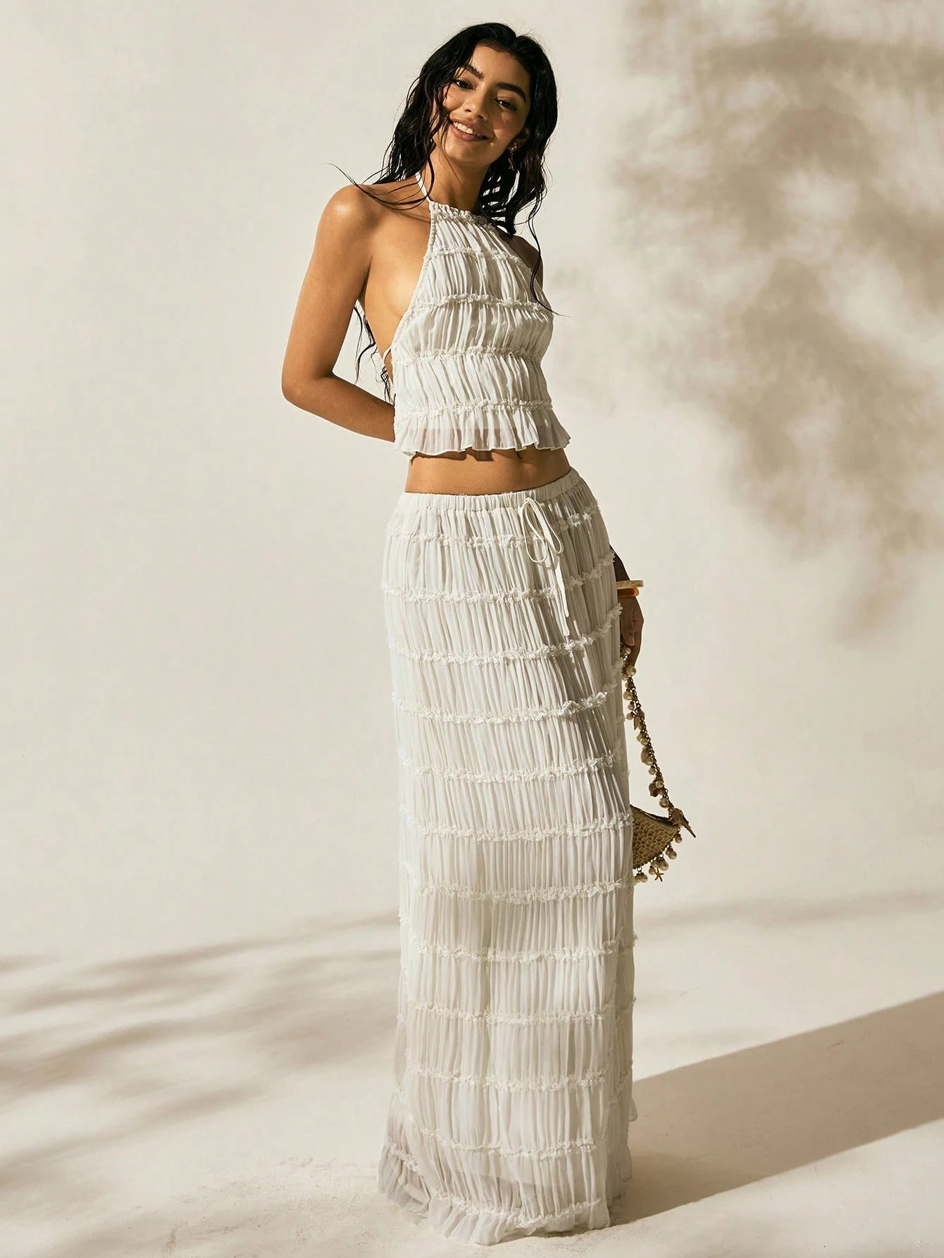 Easelle New Arrival Summer Women's Bohemian Style Sexy Breezy Tropical Vacation Outfit Two Pieces Outfits For Daily Wear Expose The Waist Beach Off-White