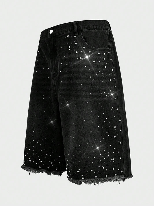 EASEVO Plus Size Men's Black Rhinestone Decor Casual Shorts, Vacation, Father's Day Gifts