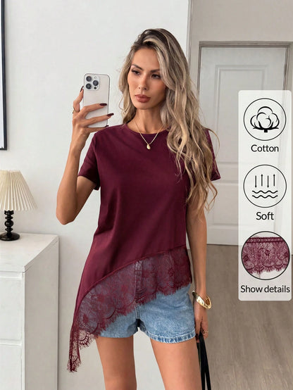 Easowa Women's Black Round Neck Short Sleeve T-Shirt With Lace Hem Asymmetrical Hem, Cotton, Spring/Summer,Summer Top