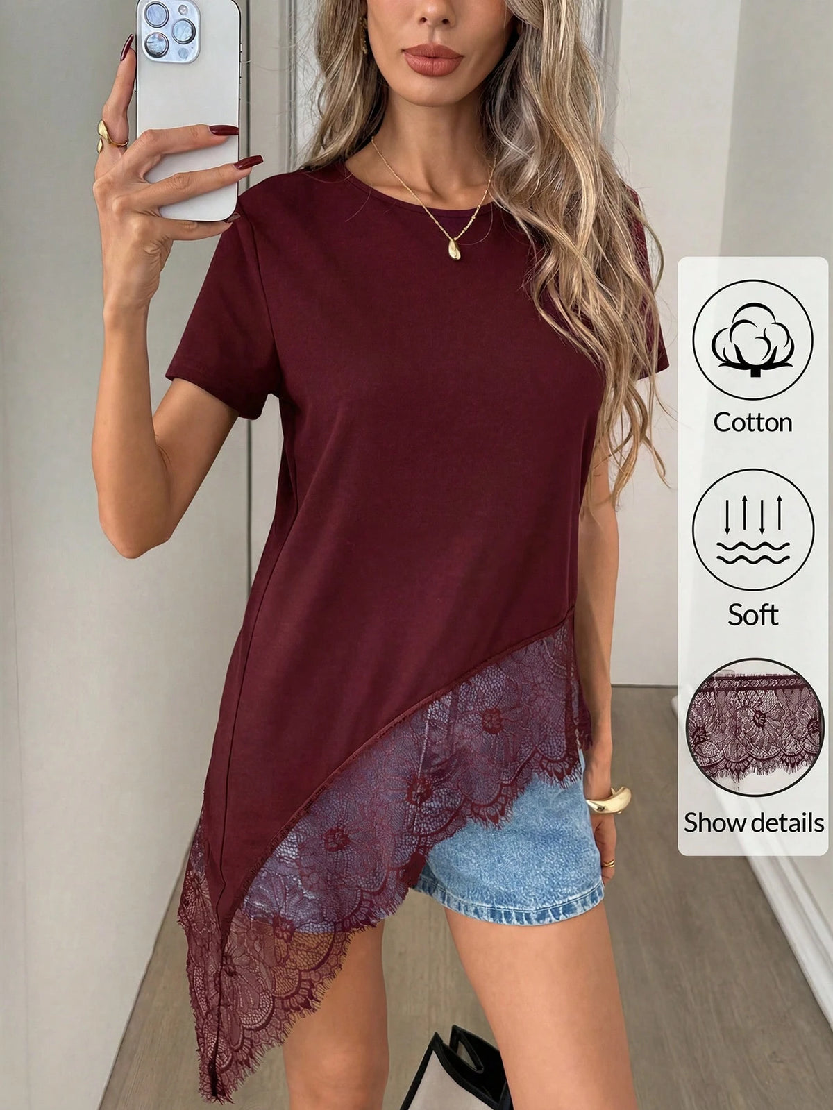 Easowa Women's Black Round Neck Short Sleeve T-Shirt With Lace Hem Asymmetrical Hem, Cotton, Spring/Summer,Summer Top