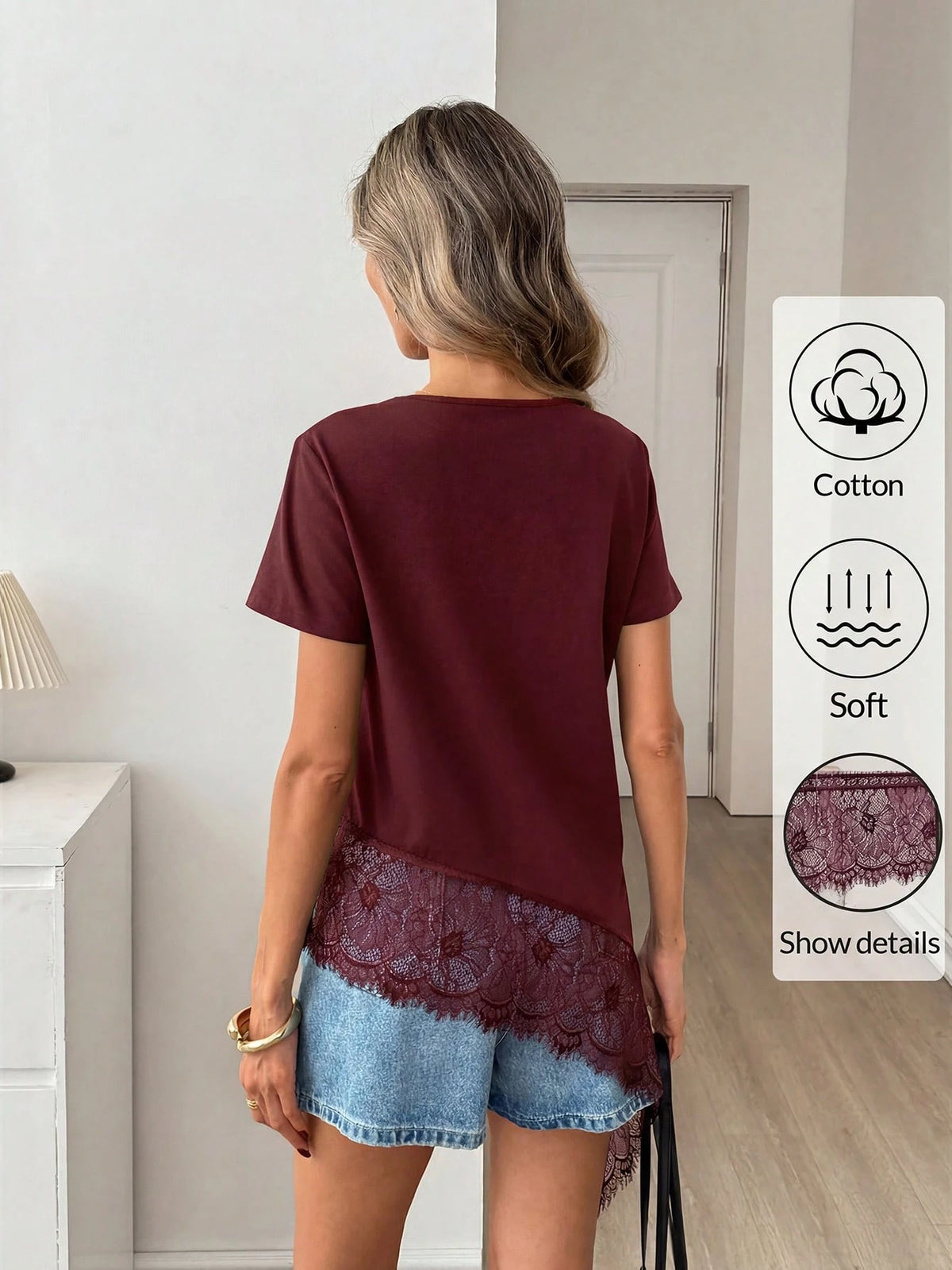 Easowa Women's Black Round Neck Short Sleeve T-Shirt With Lace Hem Asymmetrical Hem, Cotton, Spring/Summer,Summer Top