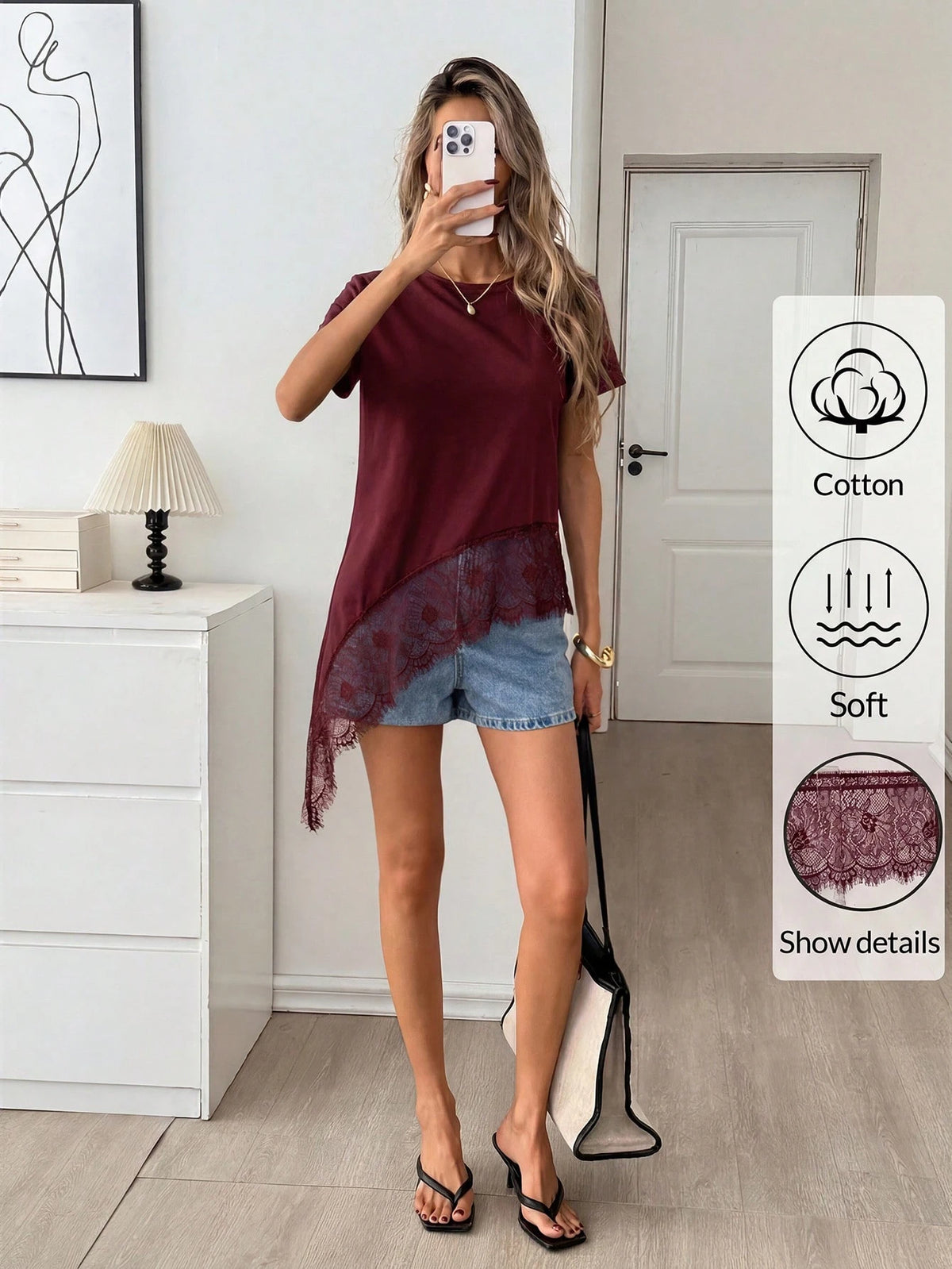 Easowa Women's Black Round Neck Short Sleeve T-Shirt With Lace Hem Asymmetrical Hem, Cotton, Spring/Summer,Summer Top