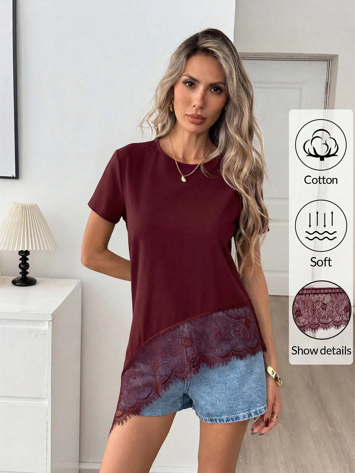Easowa Women's Black Round Neck Short Sleeve T-Shirt With Lace Hem Asymmetrical Hem, Cotton, Spring/Summer,Summer Top