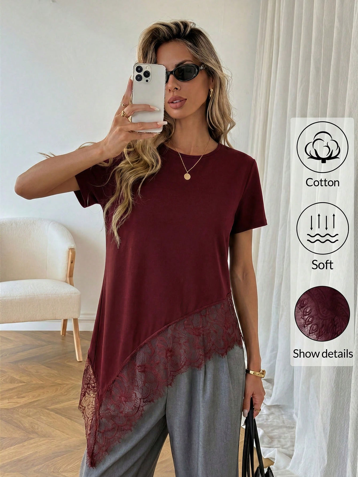 Easowa Women's Black Round Neck Short Sleeve T-Shirt With Lace Hem Asymmetrical Hem, Cotton, Spring/Summer,Summer Top