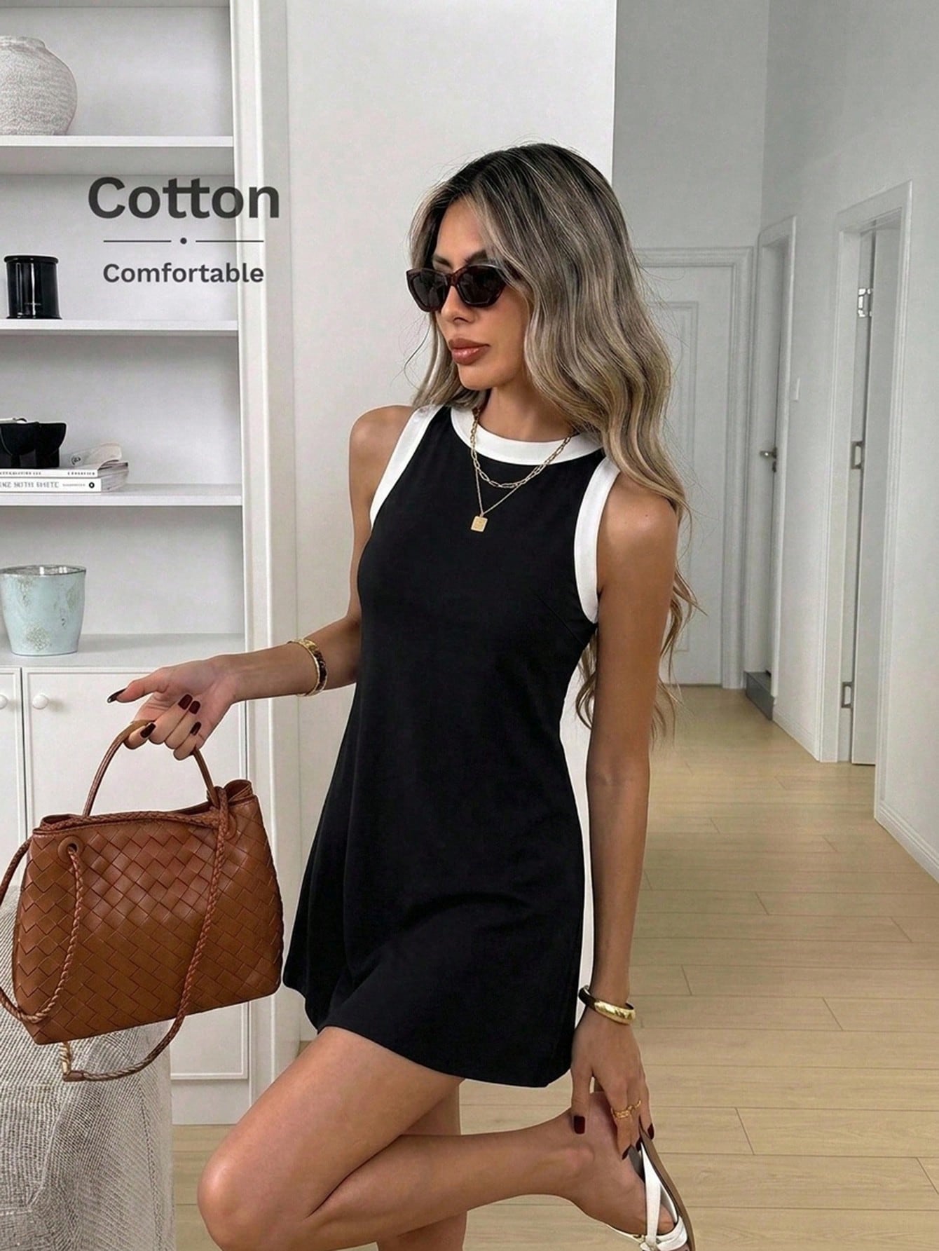 Easowa Women's Colorblock Round Neck Casual Sleeveless Short Dress Cotton Is Comfortable Day Time Black And White Summer Holiday Everyday Going Out