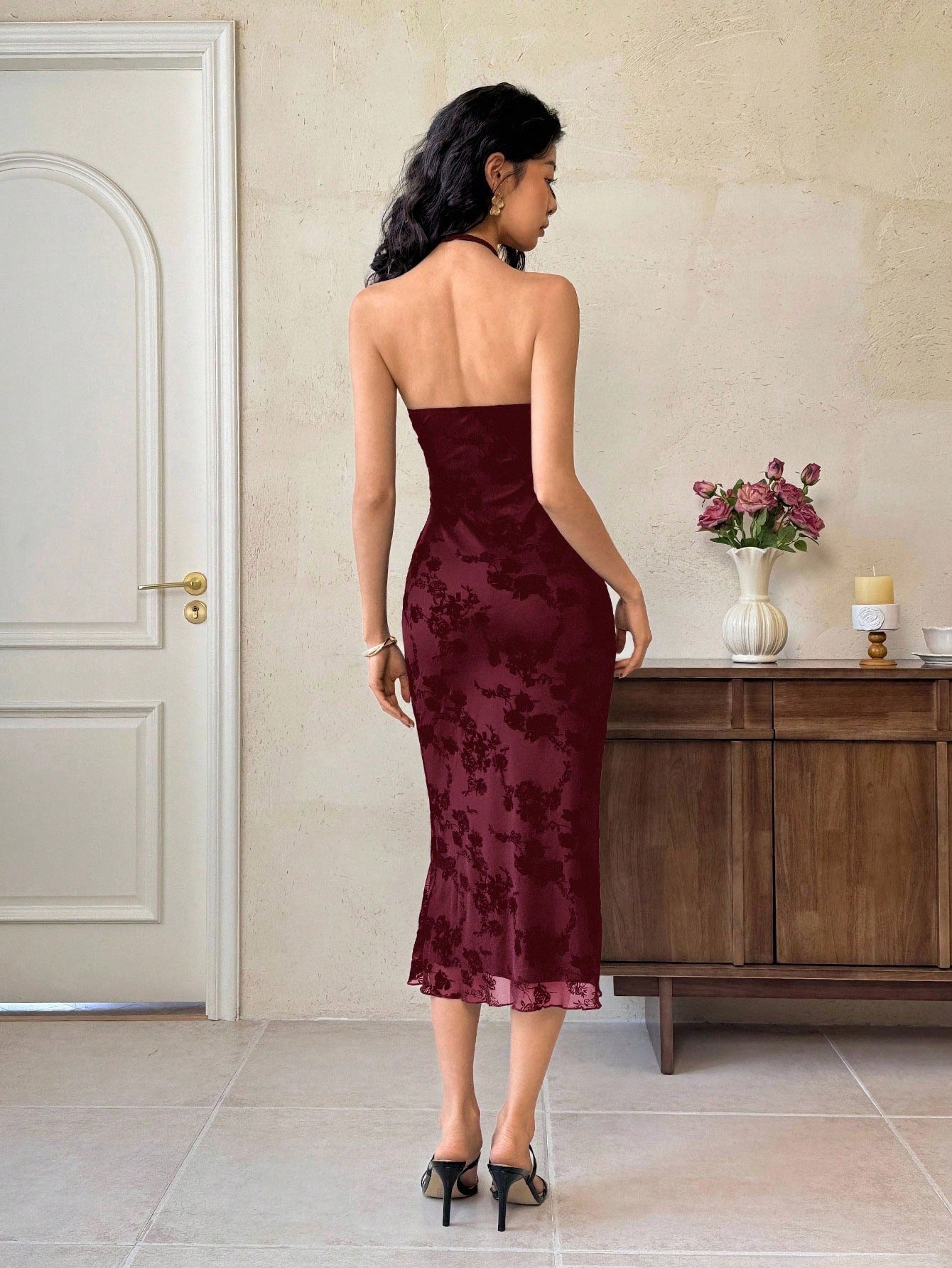 EastFlair Women's Elegant Floral Print Mesh Backless Midi Dress, & Fitted Burgundy Wine Dress For Wedding Guest,Autumn Dinner Date Party Christmas Clothes