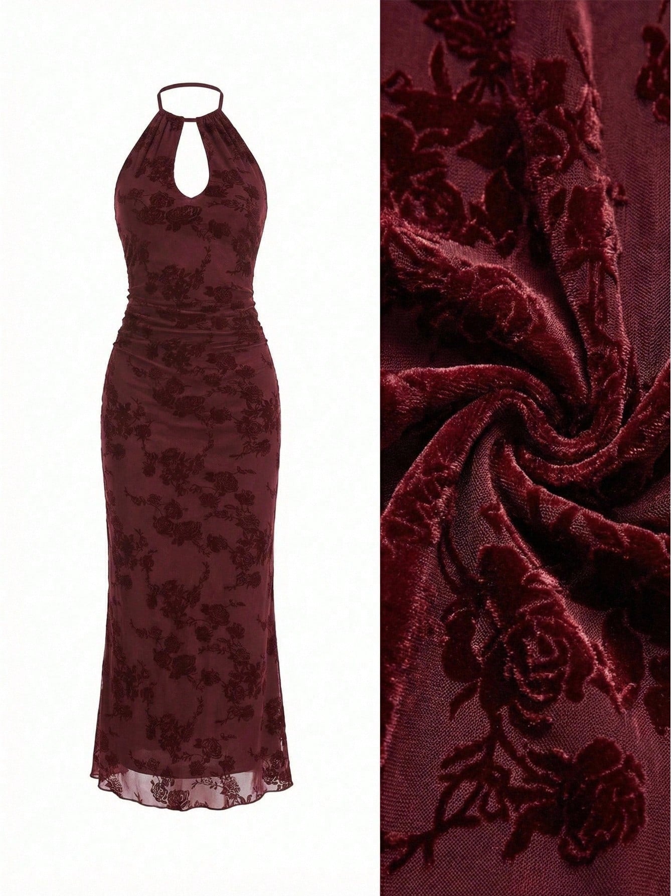 EastFlair Women's Elegant Floral Print Mesh Backless Midi Dress, & Fitted Burgundy Wine Dress For Wedding Guest,Autumn Dinner Date Party Christmas Clothes