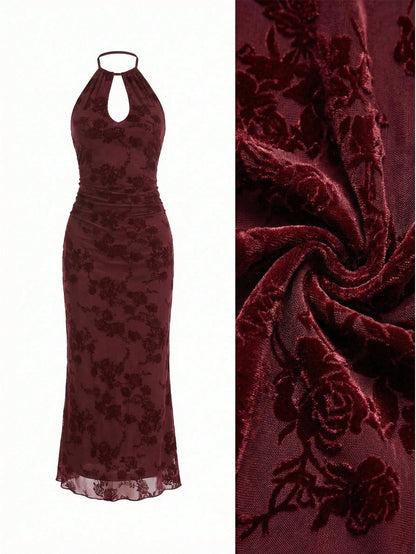 EastFlair Women's Elegant Floral Print Mesh Backless Midi Dress, & Fitted Burgundy Wine Dress For Wedding Guest,Autumn Dinner Date Party Christmas Clothes