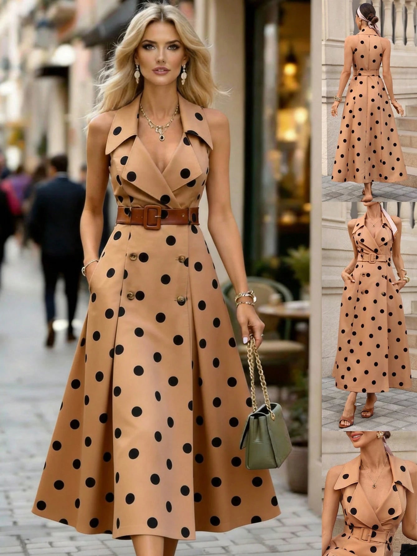 Editum Women's Elegant Black Polka Dot Summer Sleeveless Midi Dress,French Tea Party Lapel Double-Breasted Waist A-Line Vintage Vacation Retro Dresses