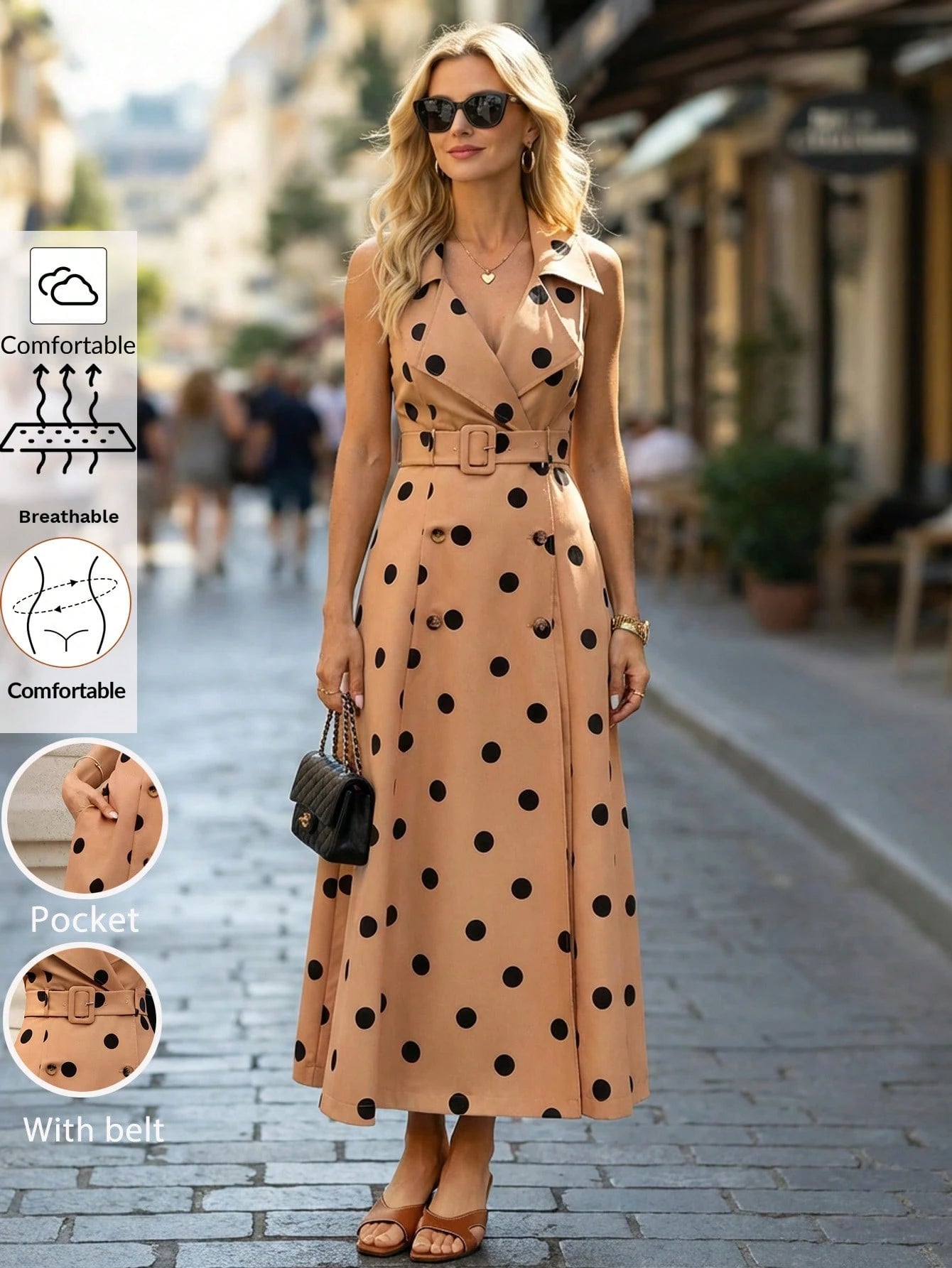 Editum Women's Elegant Black Polka Dot Summer Sleeveless Midi Dress,French Tea Party Lapel Double-Breasted Waist A-Line Vintage Vacation Retro Dresses