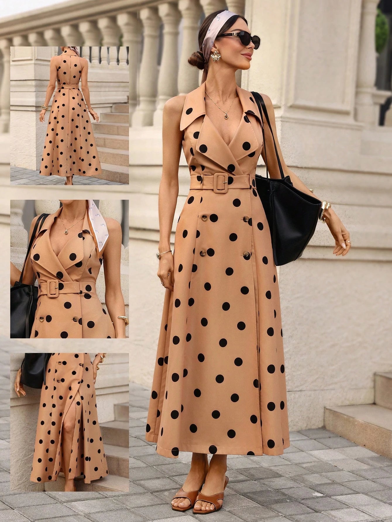 Editum Women's Elegant Black Polka Dot Summer Sleeveless Midi Dress,French Tea Party Lapel Double-Breasted Waist A-Line Vintage Vacation Retro Dresses