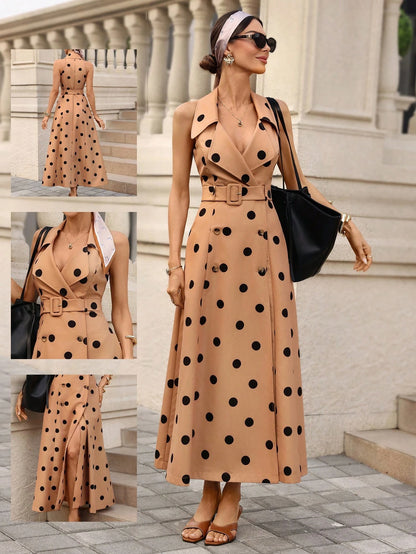 Editum Women's Elegant Black Polka Dot Summer Sleeveless Midi Dress,French Tea Party Lapel Double-Breasted Waist A-Line Vintage Vacation Retro Dresses