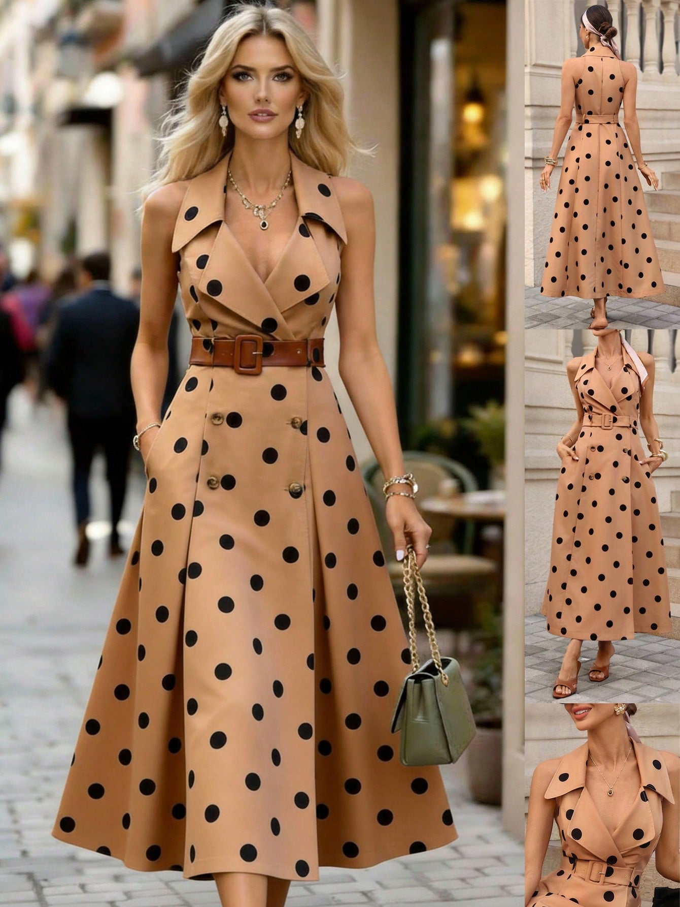 Editum Women's Elegant Black Polka Dot Summer Sleeveless Midi Dress,French Tea Party Lapel Double-Breasted Waist A-Line Vintage Vacation Retro Dresses