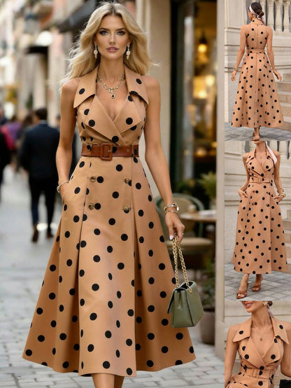 Editum Women's Elegant Black Polka Dot Summer Sleeveless Midi Dress,French Tea Party Lapel Double-Breasted Waist A-Line Vintage Vacation Retro Dresses