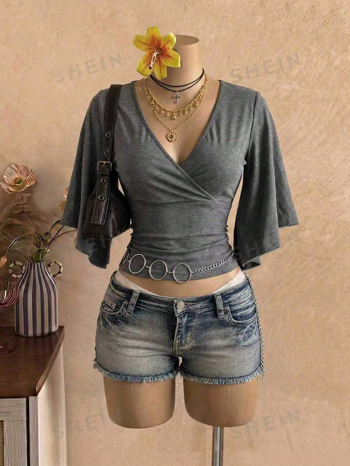 EgrlEra Women's Sexy Deep V-Neck Fitted Vintage Knit T-Shirt