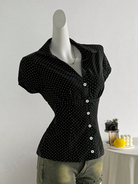 Elamini Polka Dot Print Collared Slim Fit Short Sleeve Blouse For Women