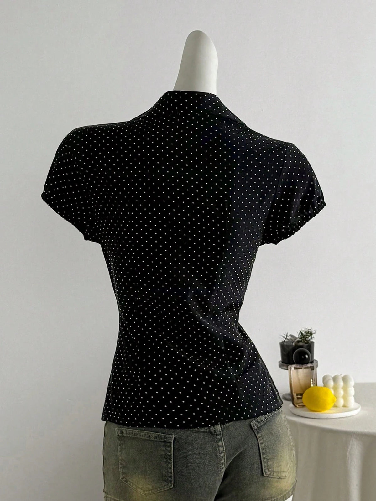 Elamini Polka Dot Print Collared Slim Fit Short Sleeve Blouse For Women