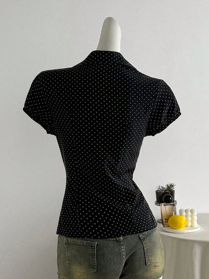 Elamini Polka Dot Print Collared Slim Fit Short Sleeve Blouse For Women