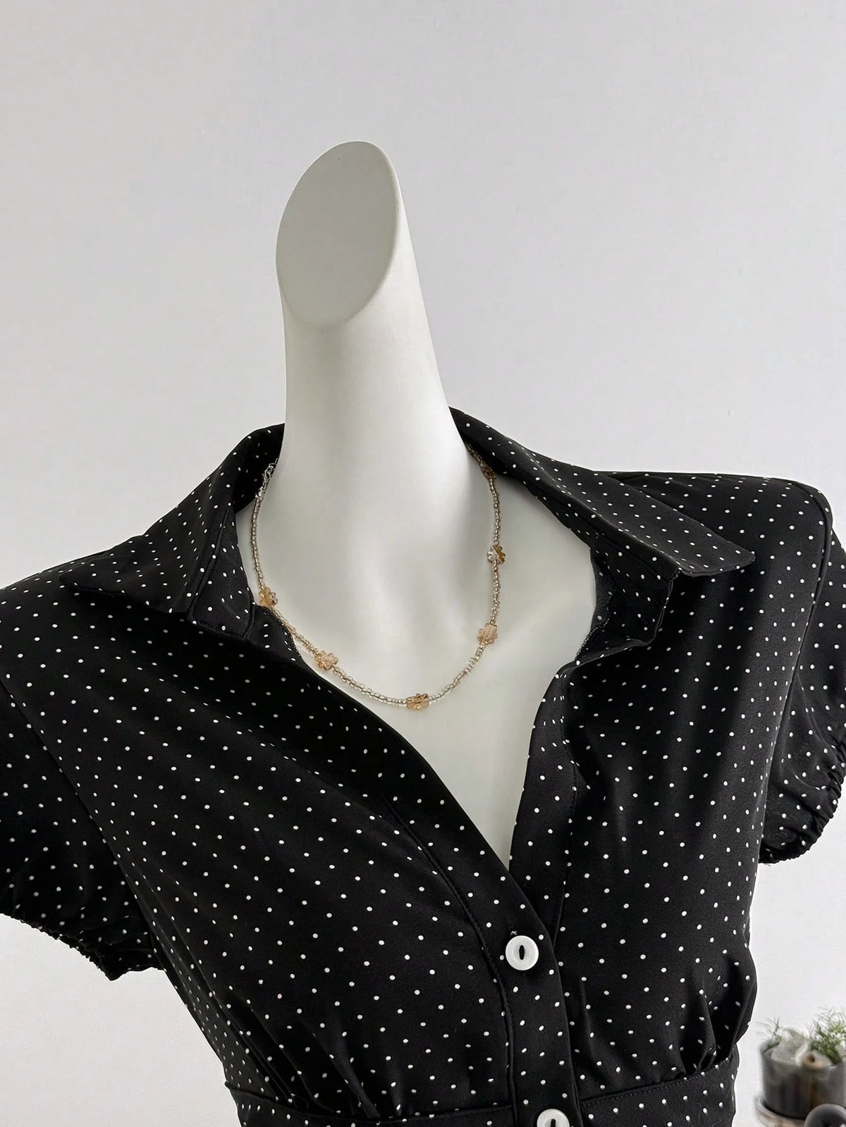 Elamini Polka Dot Print Collared Slim Fit Short Sleeve Blouse For Women