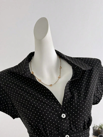 Elamini Polka Dot Print Collared Slim Fit Short Sleeve Blouse For Women
