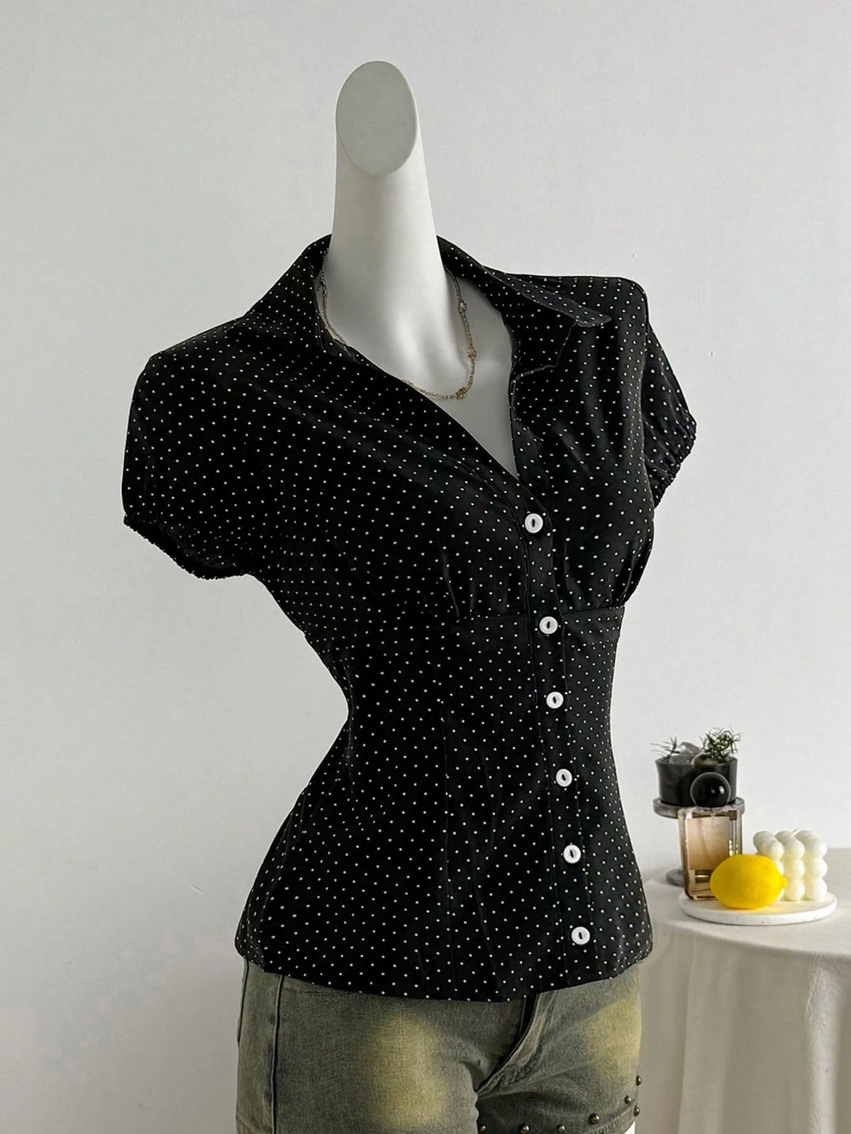 Elamini Polka Dot Print Collared Slim Fit Short Sleeve Blouse For Women