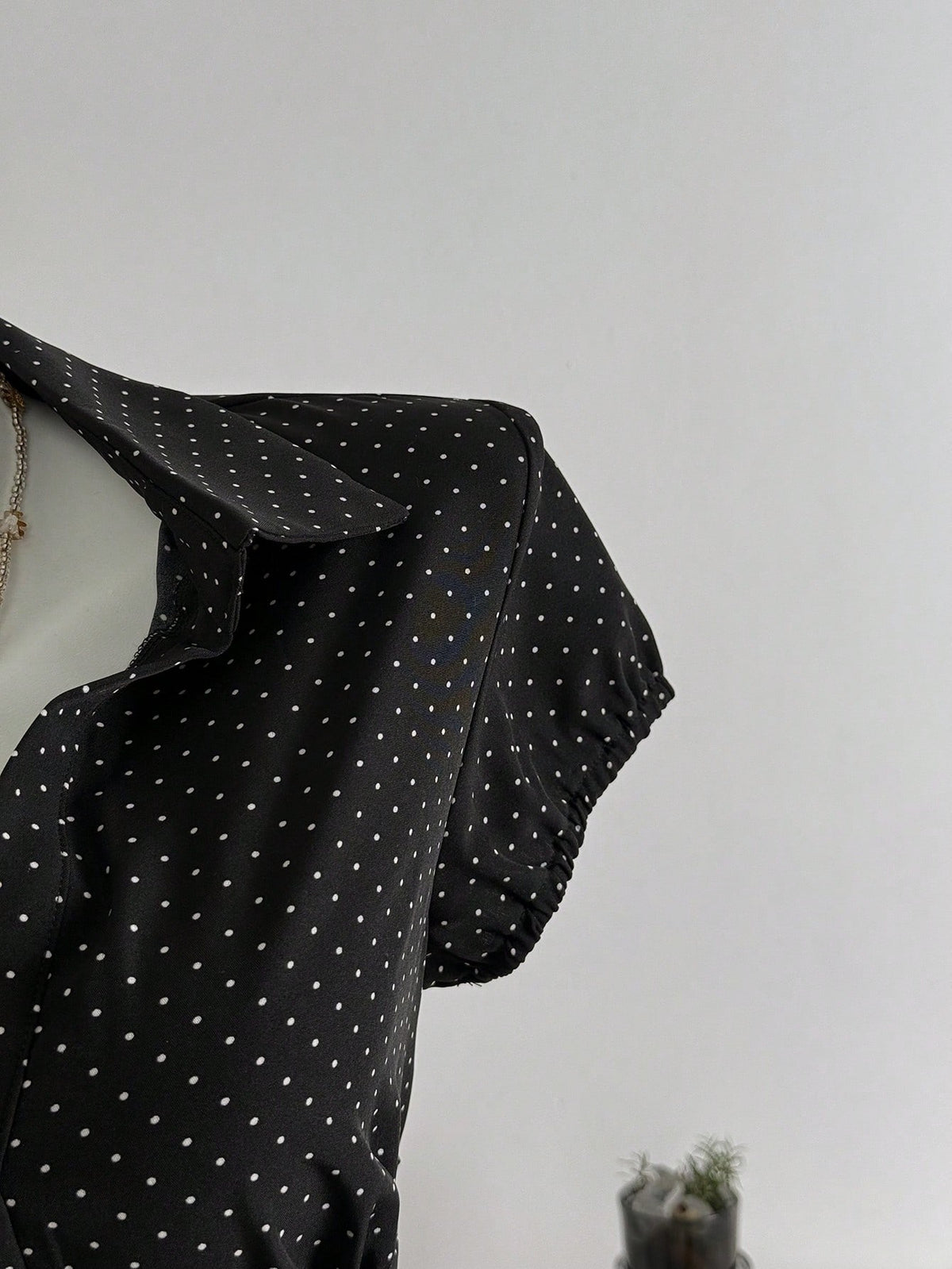 Elamini Polka Dot Print Collared Slim Fit Short Sleeve Blouse For Women